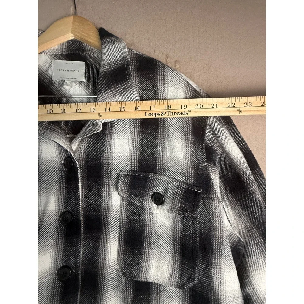 Lucky Brand Plaid Shirt Jacket Mens XL Black White Cotton Flannel Shacket Coat